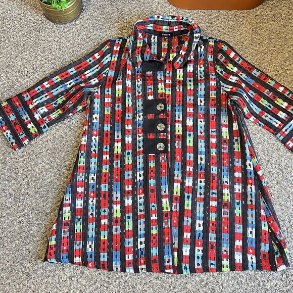 Damee Colorful Striped Print Wire Collar Tunic Top Womens Size M Medium - Picture 1 of 6
